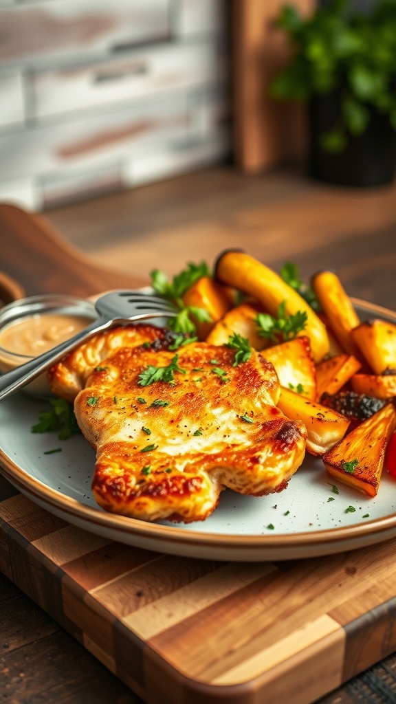 Crispy air fryer pork chop on a wooden board with herbs and roasted vegetables.